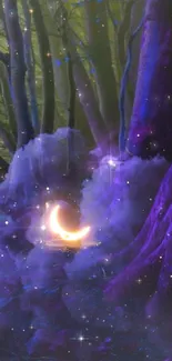 Enchanted purple forest with moonlight and stars.