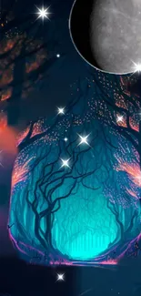 Mystical forest at night with glowing moon and vibrant colors.