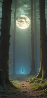 Forest path under full moon with tall trees and glowing light.