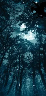 Moonlit forest with dragon silhouette and starry night ambiance.