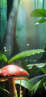 Mushroom with dew in an enchanting forest.