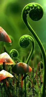 Mushrooms and plants in a mystical forest setting with vibrant green hues.