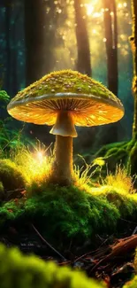 A glowing mushroom in a sunlit forest setting.