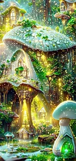 Whimsical mushroom houses glowing in enchanted forest.