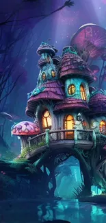 Enchanted forest with a whimsical mushroom house wallpaper.