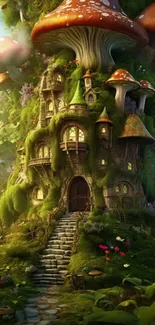 Whimsical mushroom house in an enchanted forest wallpaper.