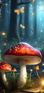 Enchanted forest with glowing mushrooms and mystical lights.