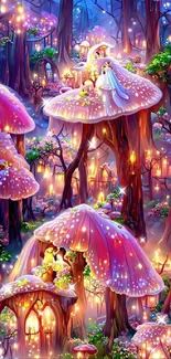 Magical enchanted forest with glowing mushrooms and fairy lights in twilight.