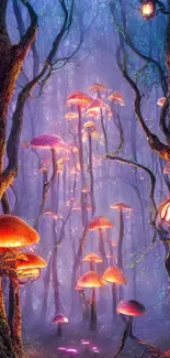 Enchanting forest with glowing mushrooms and mystical purple hues.