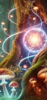 Mystical forest with glowing mushrooms and magical energy swirls.