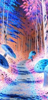 Surreal forest path with blue mushrooms and colorful foliage.