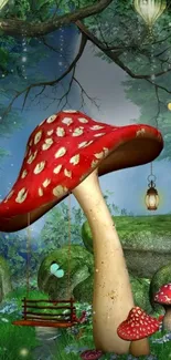 Enchanted forest wallpaper with red mushrooms and whimsical lights.