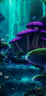 Enchanted forest with glowing mushrooms and cascading waterfall.