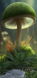 Vivid green mushroom in enchanted forest scene with ferns.