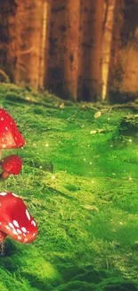 Vibrant red mushrooms in a lush green forest with a tiny fairy house.