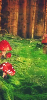 Enchanted forest with red mushrooms and green moss-covered ground.