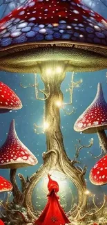 Magical forest with glowing mushrooms and mystical lights in fantasy style wallpaper.