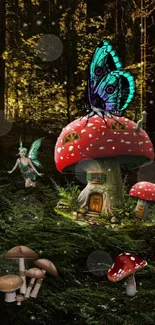 Enchanted forest scene with mushroom house and butterfly.