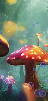 Enchanted forest with glowing mushrooms in a vibrant, magical scene.