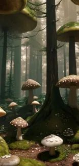 Enchanting forest wallpaper with oversized mushrooms in a lush, green landscape.