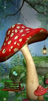 Enchanted forest wallpaper with mushrooms and swing.