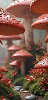 Enchanted forest with vibrant red mushrooms.