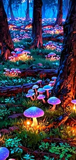 Magical forest with glowing mushrooms and trees.