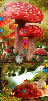 Enchanted forest with red mushrooms and rabbits.