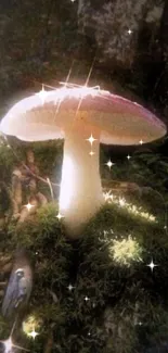 Mushroom amidst lush green mossy forest floor with enchanting light sparkles.