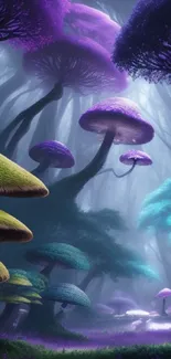 Enchanted forest mobile wallpaper with vibrant mushrooms and trees.