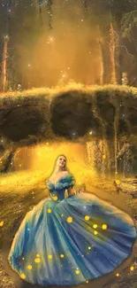 Magical forest with a woman in a flowing blue gown, backlit by golden light.