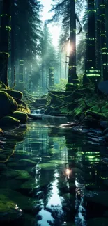 Mystical forest with neon green lights reflecting in a clear stream.
