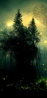 Enchanted forest at night with glowing fireflies and heart shape in sky.