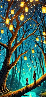 A magical forest with glowing lanterns hanging from trees at night.