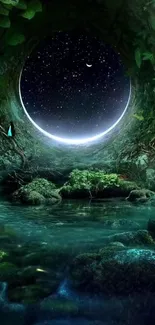 Mystical forest night portal with cosmic sky and green foliage.