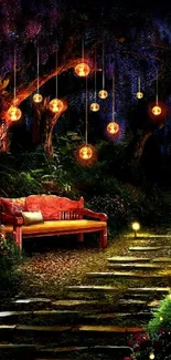 Enchanted forest scene with lanterns and a rustic bench at night.