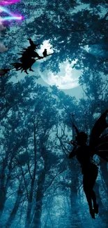 Fantasy forest wallpaper with moonlight, fairy, and witch silhouettes.