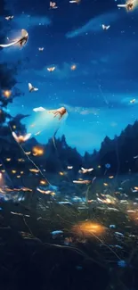 Mystical forest under a starry night sky with glowing elements.
