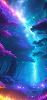 Enchanted forest under a vibrant, starry night sky with glowing purple and blue hues.