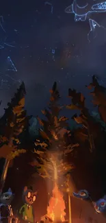 Whimsical forest night with campfire under a starry sky.