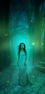 Mystical woman in glowing forest at night, teal tones create an ethereal vibe.