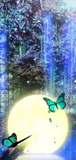 Enchanted forest night with glowing moon and butterflies.