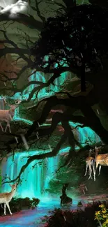 Magical forest at night with glowing waterfalls and deer under the moonlight.