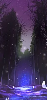 Mystical violet forest with glowing butterflies.