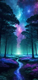 Enchanting forest path under a starry night sky with vibrant colors.