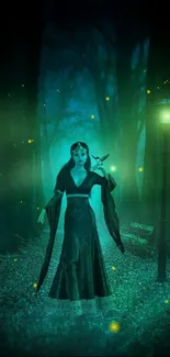 Mystical figure in enchanted forest with glowing lamplight and fireflies.