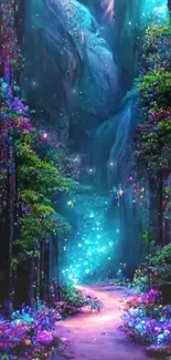 Magical forest path illuminated with teal and purple hues.