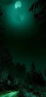 Enchanted forest nightscape with glowing emerald moon.