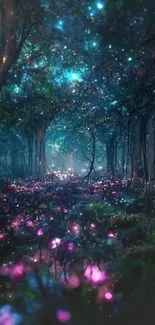 Enchanted forest with glowing lights in a mystical night scene.