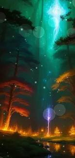 Mystical forest with glowing trees and luminescent sky in teal hues.